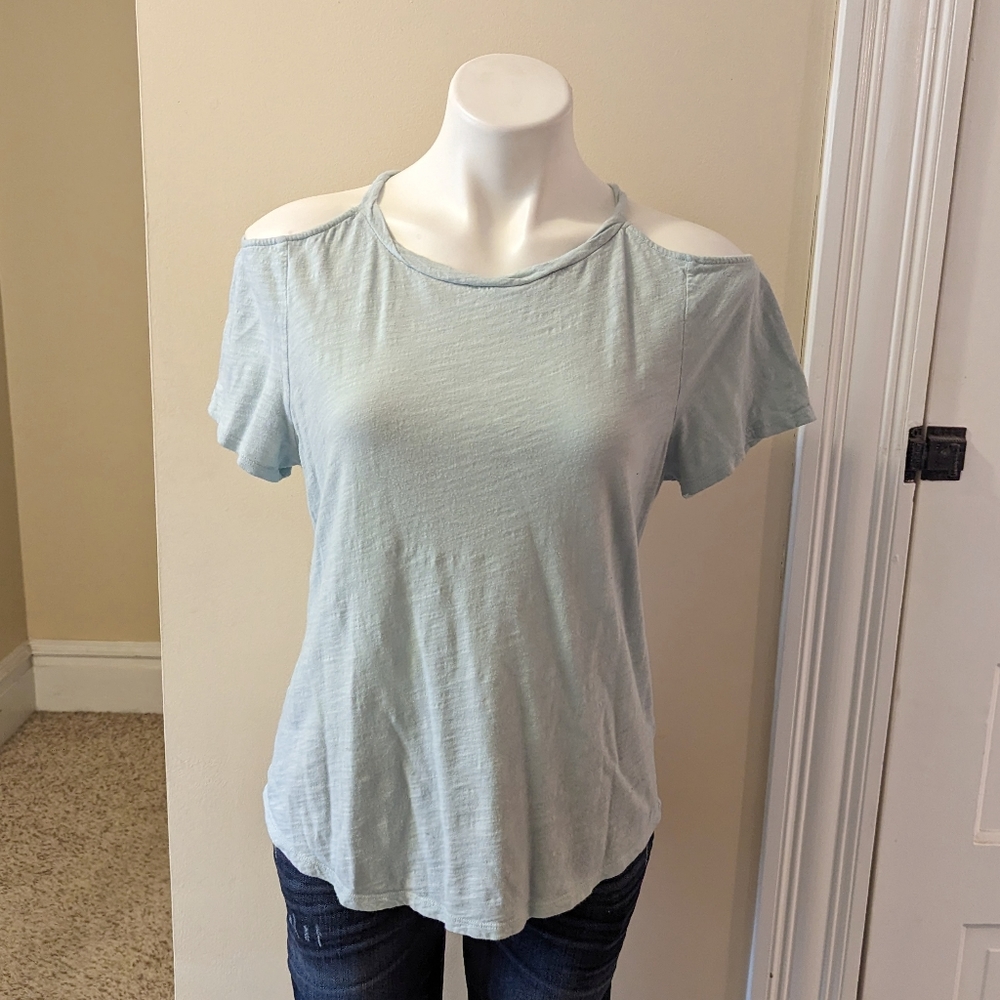 Anthropologie Maeve pale blue shoulder cut out top size M